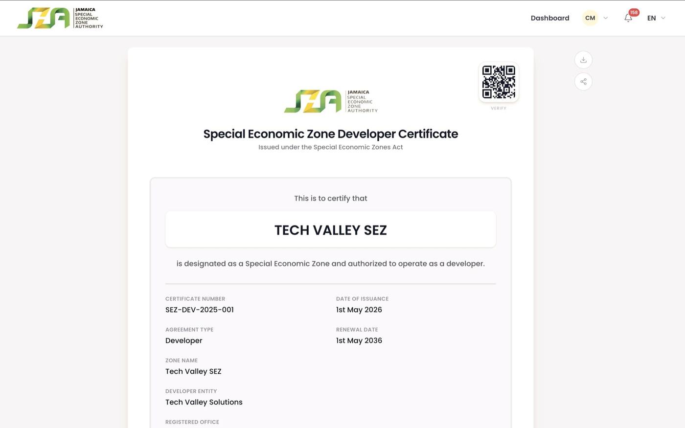 Digital special economic zone developer certificate with QR verification