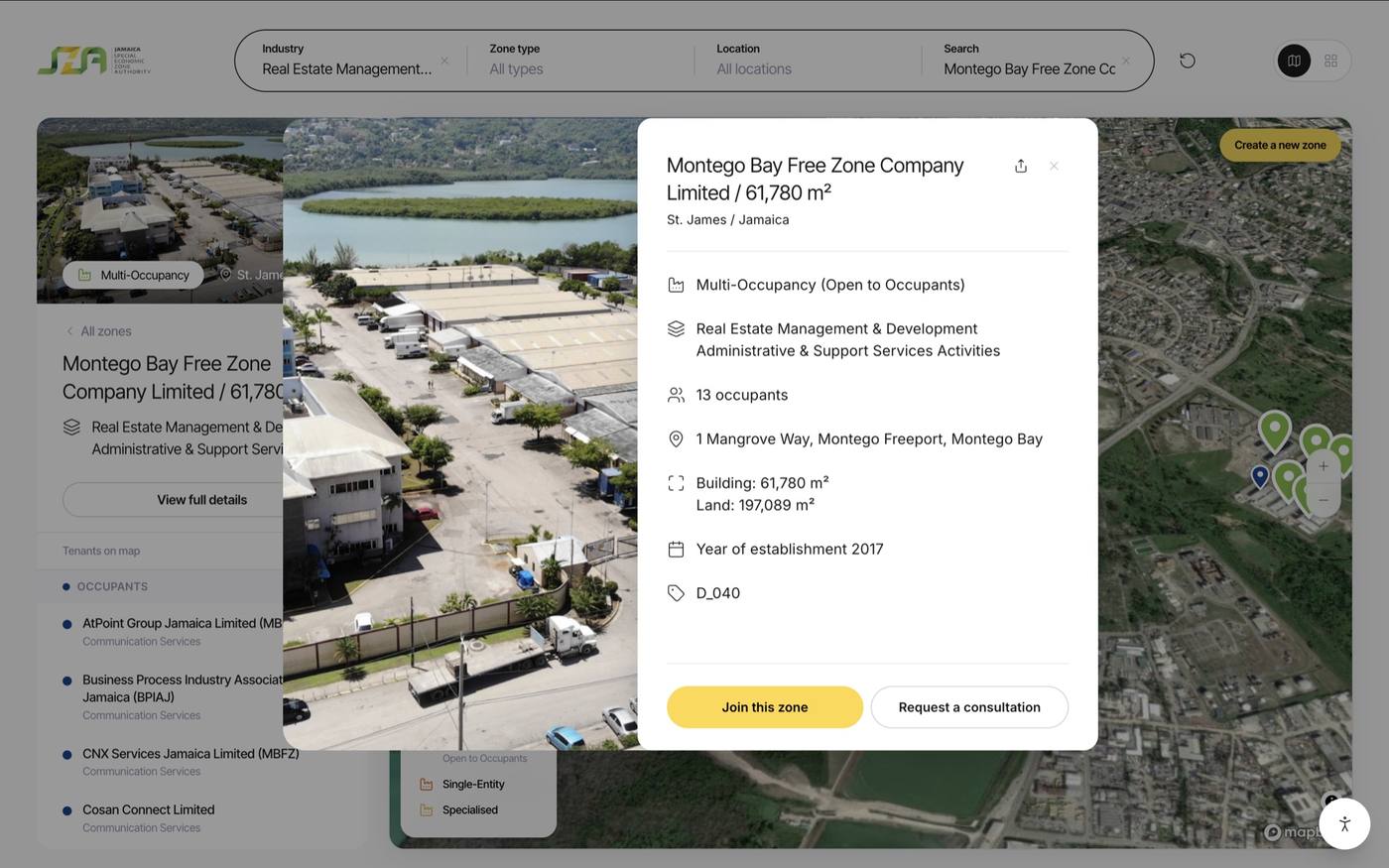 Details for Montego Bay Free Zone shown on the Jamaica zone map